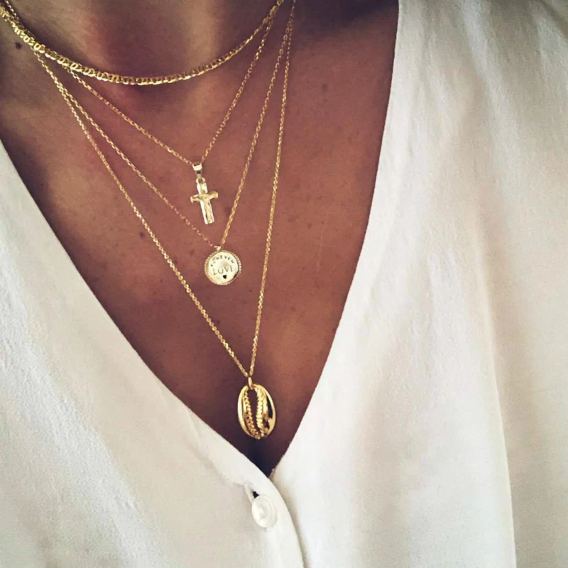 

New Necklace Female Multi-layer Cross Letter Alloy Shell Necklace Combination Popular Fashion Hot Sale Jewelry Wholesale