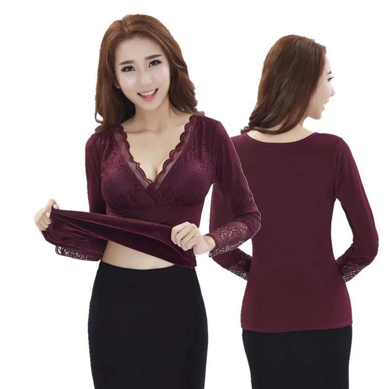

KYLIE PINK Winter Warm Tops Thermal Underwear For Women Plus Size Lace Padded Basic Shirt Femme Girls Body Shape Lingerie Layers