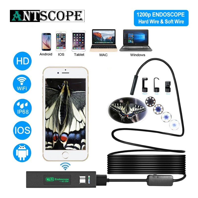 Antscope wifi эндоскоп камера HD 1200P Мини Жесткий/мягкий провод беспроводной 8 мм 8LED бороскоп камера для Android ПК IOS эндоскоп