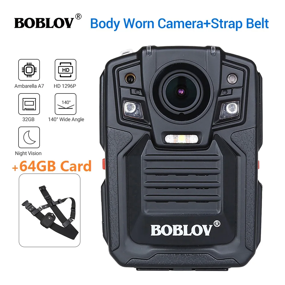 BOBLOV HD66-02 Ambarella A7L50 полицейский корпус Камера 64 Гб HD 1296 P Регистраторы видео + плечевой ремень