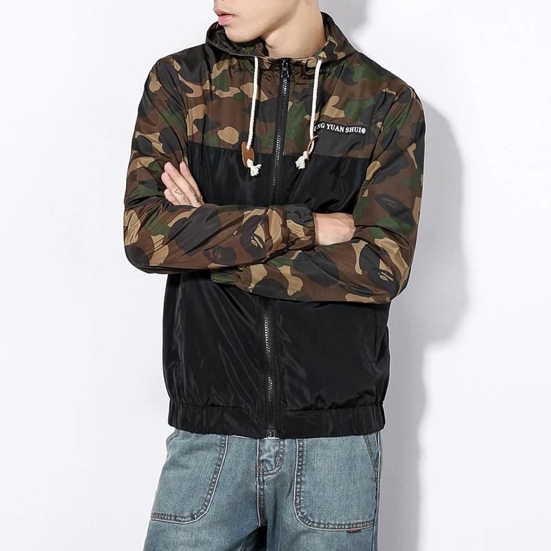 Nice Spring New Men Floral Jacket Fashion Patchwork Hooded Mens Jackets