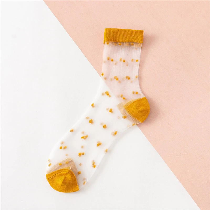 XLJZSD, 10 пар/упаковка, прозрачные носки, цветные, сшитые, стеклянные, шелковые, в горошек, женские ножные носки, тонкие, нейлон, хлопок, чистый цвет, XZW016 - Цвет: Цвет: желтый