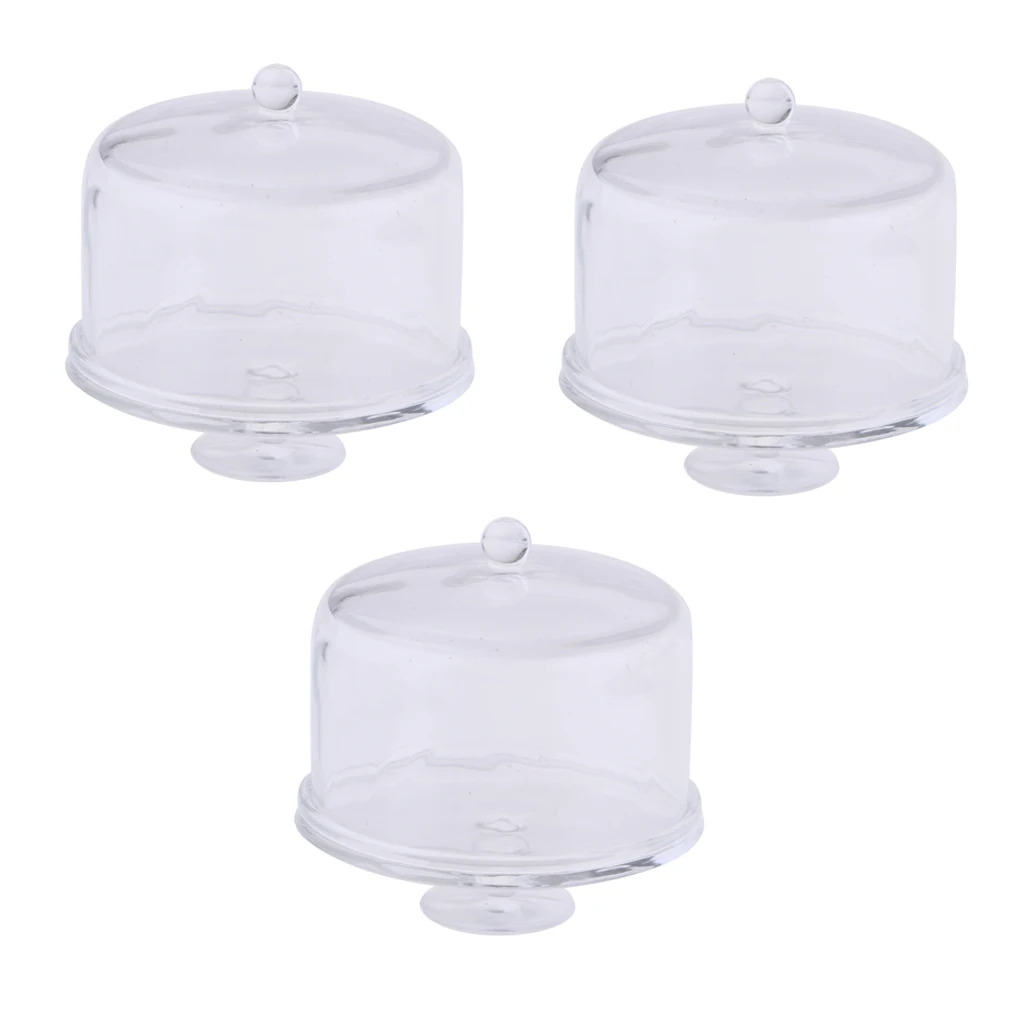 3pcs Dollhouse Miniature Cake Stand Acrylic Serving Platter with Lid for 1/12 Scale Doll House Decorations
