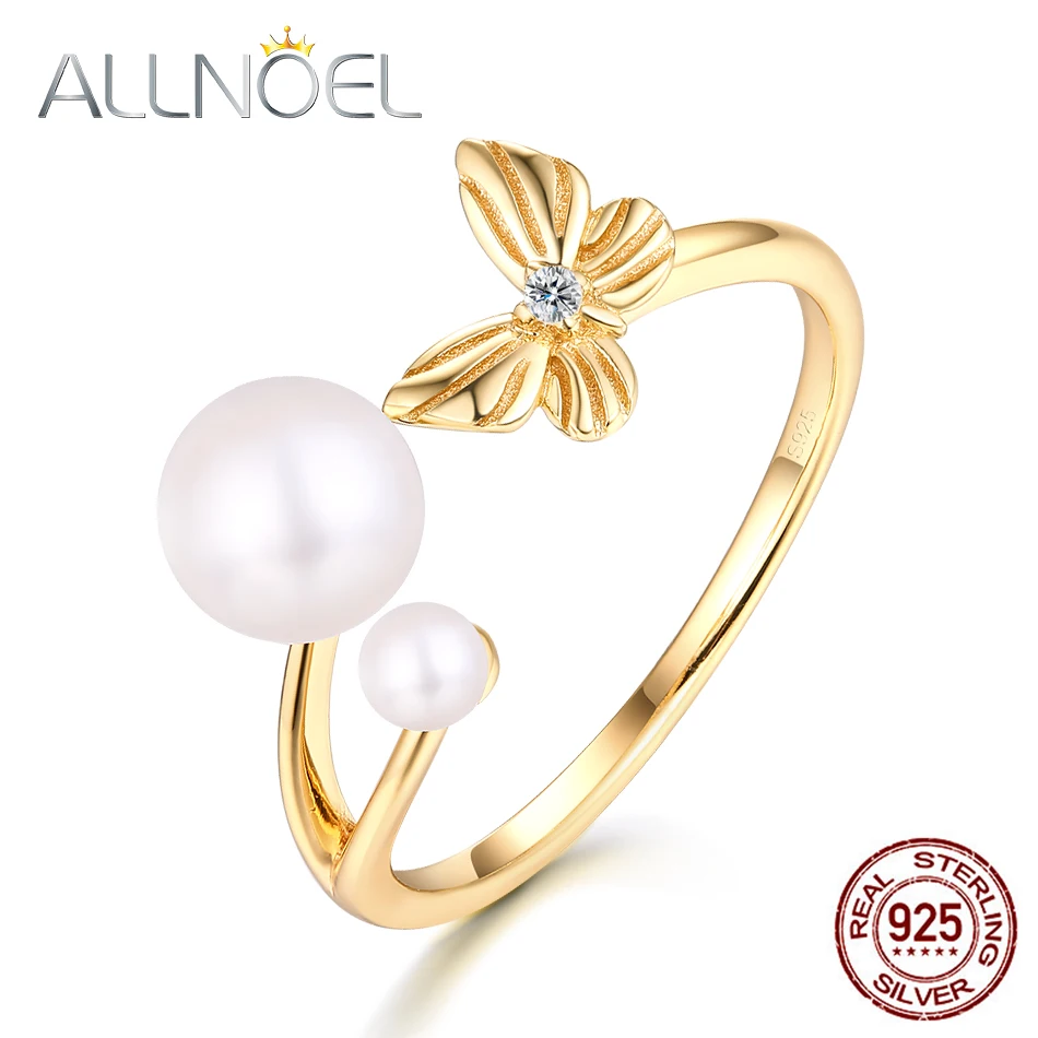 

ALLNOEL 100% 925 Sterling Silver Rings For Girl Adjustable Natural Pearl Butterfly Engagement Ring Fine Jewelry For Women Bijoux