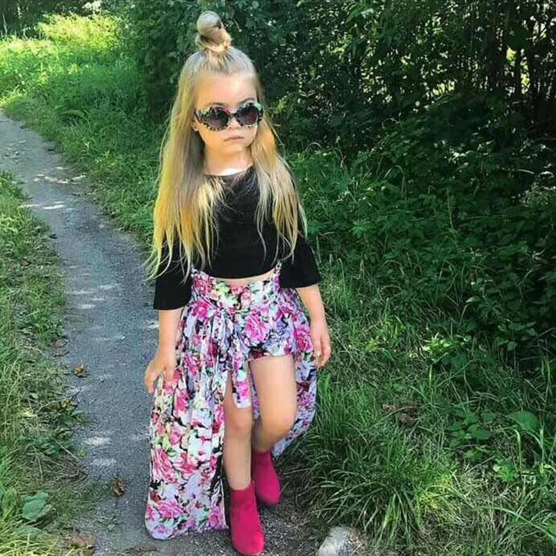 

Girls Clothing Sets Chiffon Long skirt & Cotton Tops & Shorts 3 Pcs Summer Boho T-Shirts Kids Outfits 2 3 4 5 6 7 Years MB431