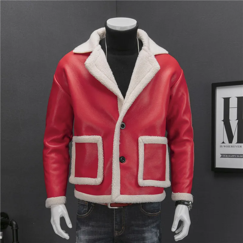 

Leather Jacket Fur Men Red Black Drop Shoulder Wash Pu Leather Jacket Men 2 Button Suit Collar Coat Men Fur Men Jacket