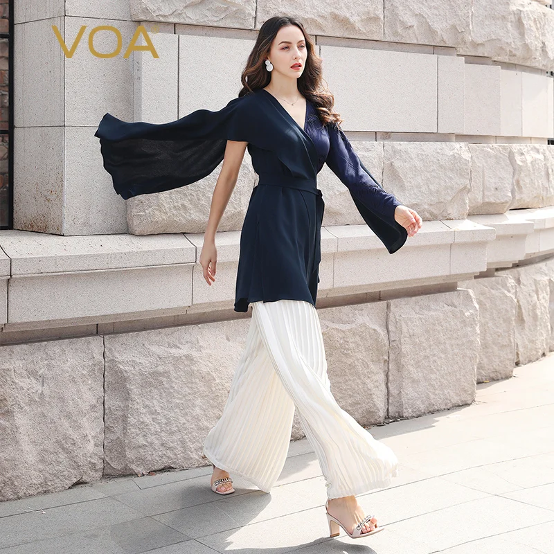 

VOA Women capas y Ponchos Damas Cute Cape Femme V Neck Wrap Cloaks Sexy Belt Silk Navy Blue Ladies Coat mantella pelerin B911