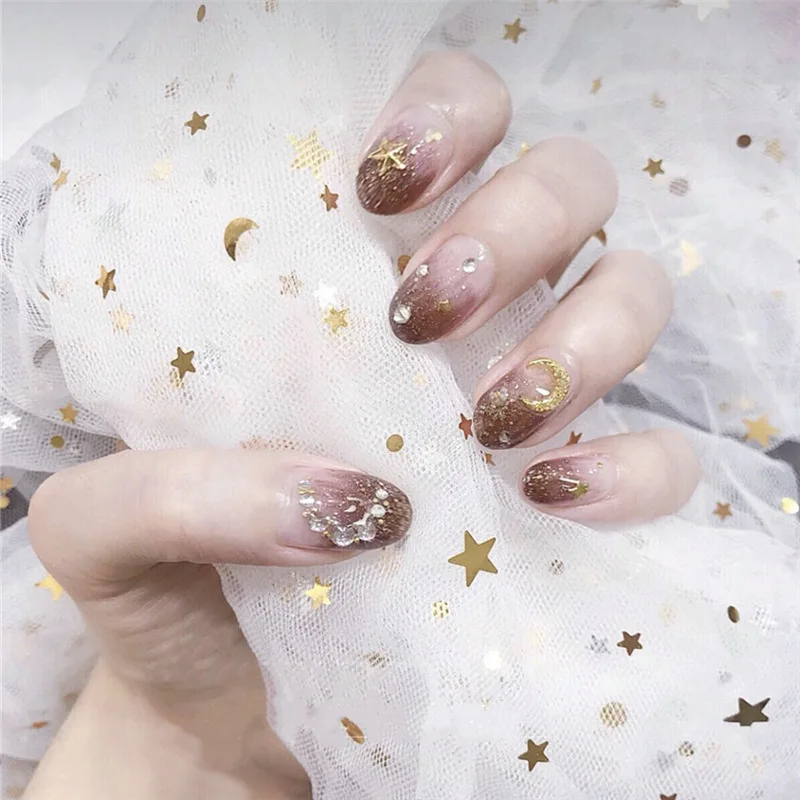 

24pcs Chocolate Star Month Fake Nails Finished Product Artificial French Multiple Colors Pointed False Nails With Glue Sticker