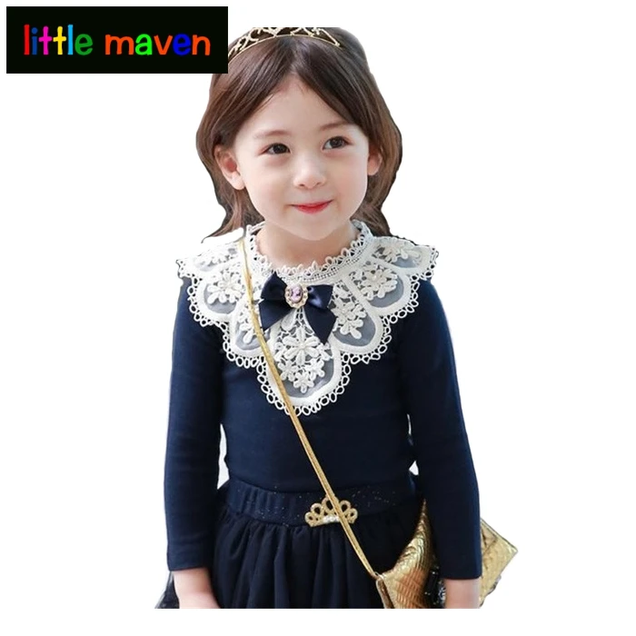 

Girls Clothing Long Sleeve Embroidery Lace Trimmings O-neck Shirts with Bow for Children Blouse Girl Spring Tops Tees Shirt