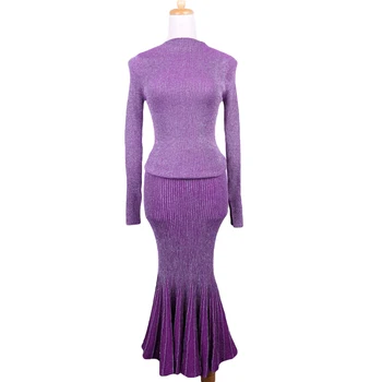 

Western style High Street Fashion Knitted 2 Piece Set Women Suit Knitwear Tops Sweater + Slim Mermaid Ruffles Skirt Female OM004