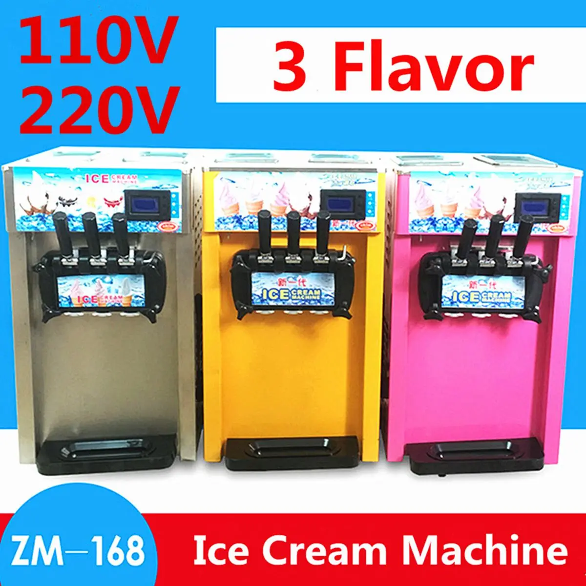 

New Upgrade Commercial Frozen Cones Ice Cream Maker 3 Flavor Soft Ice Cream Machine With Egg Holder Foot Pads 110V/220V 18L/H