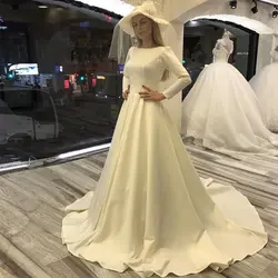 Простые винтажные Свадебные платья с длинным рукавом белый слоновая кость Сатиновые Свадебные платья A-Line Часовня Поезд Vestido De Novia 2019 Новый