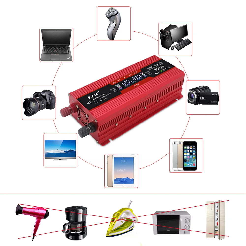 Inversor de corriente del coche 12V CC a CA 230V 1500 W/2000 W/2600 W vehículo 3.1A adaptador USB c
