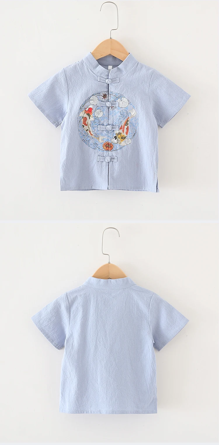 Летняя футболка для мальчиков в китайском стиле+ шорты топы с принтом для девочек, детский хлопковый и льняной костюм в стиле ретро, одежда для От 2 до 10 лет детей
