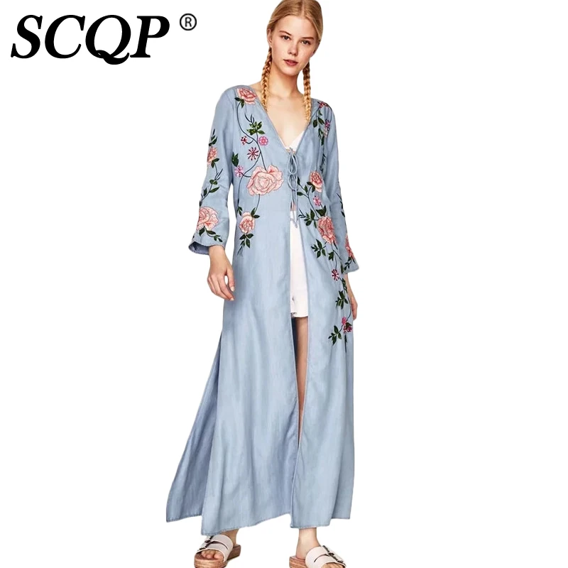 SCQP Embroidery Sequined Bow Long Kimono Ladies Loose Floral Side Split