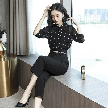 

Polka Dot 2 Piece Set Women Peter Pan Collar Top&pants Set Removable Year-old Female Costume Wave Point Conjunto Feminino