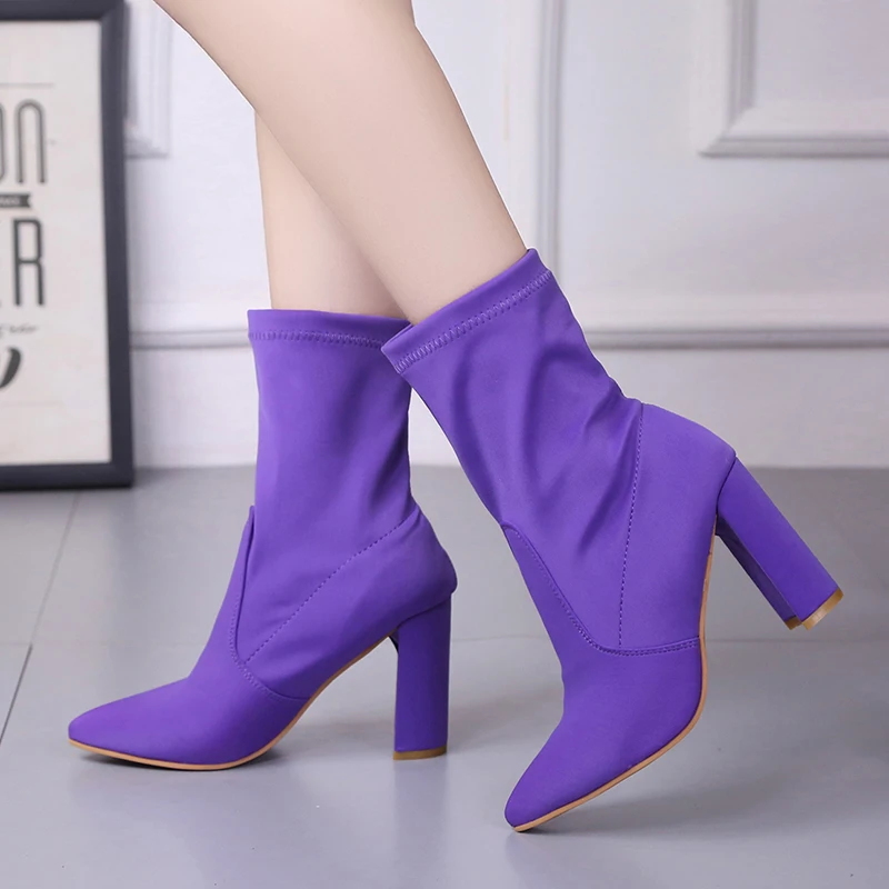 

Fashion Autumn Women's Boots Pointed Toe Yarn Elastic Ankle Boots Thick Heel High Heels Shoes Woman Female Socks Boots