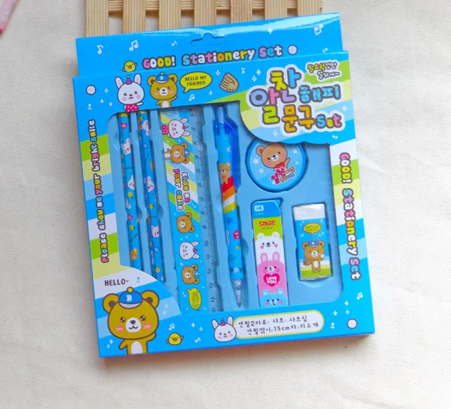 Kawaii stationery set for kids Cute pencil case for girls ruler eraser  Children gift Office School Supplies