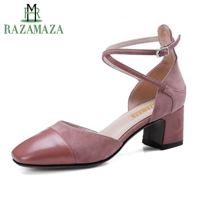 

RAZAMAZA Simple Women Real Leather High Heel Sandals Ankle Strap Thick Heel Sandal Summer Shoes Women Party Footwear Size 33-40