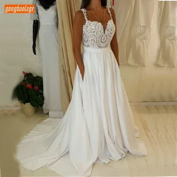 

Elegant Boho White Chiffon Wedding Dresses Long 2020 Spaghetti Straps Lace Appliques Beach Wedding Dress Customized Bridal Gowns