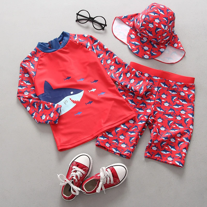 

3pcs Three Pieces Boys Shark Swimsuit Surf Wear UV Prodection UPF50+ Shirt+swimming Trunks+sunscreen Cap Bebes Children Swimwear