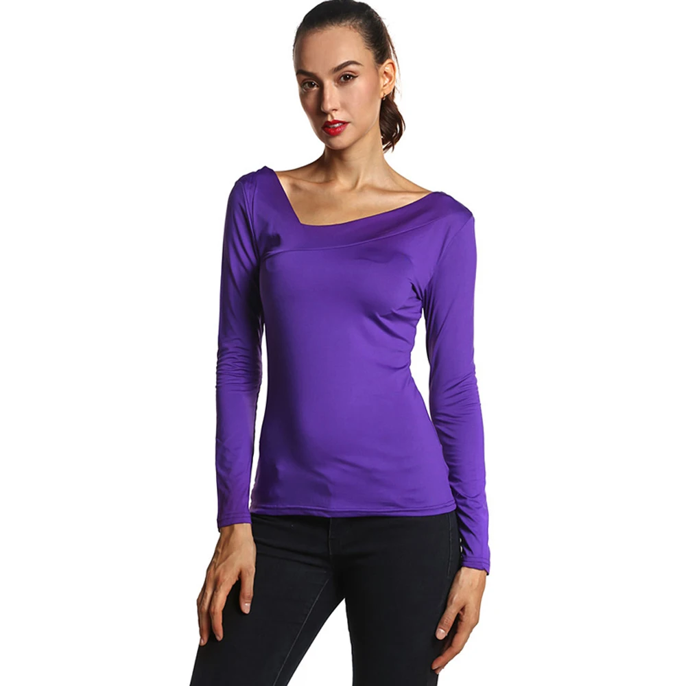 Женская элегантная рубашка фиолетового цвета с v-образным вырезом и длинным