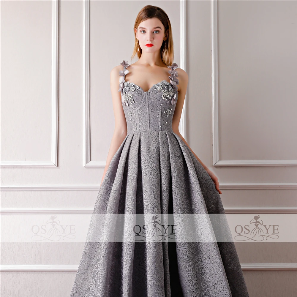 QSYYE Новое серое длинное платье для выпускного вечера, платье на тонких бретелях, милое кружевное вечернее платье в пол, вечерние платья