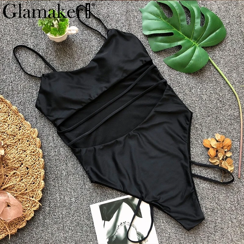 Glamaker выдалбливают черный цельный сексуальный боди для женщин Белый открытая спина шнуровка облегающий костюм летние выходные пляж купальник - Цвет: 341-2
