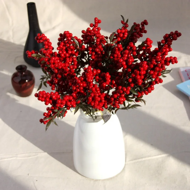

5Pcs/lot Christmas Desaturated Berries Beans artificial fake silk flower home garden party decoration real touch decor diy