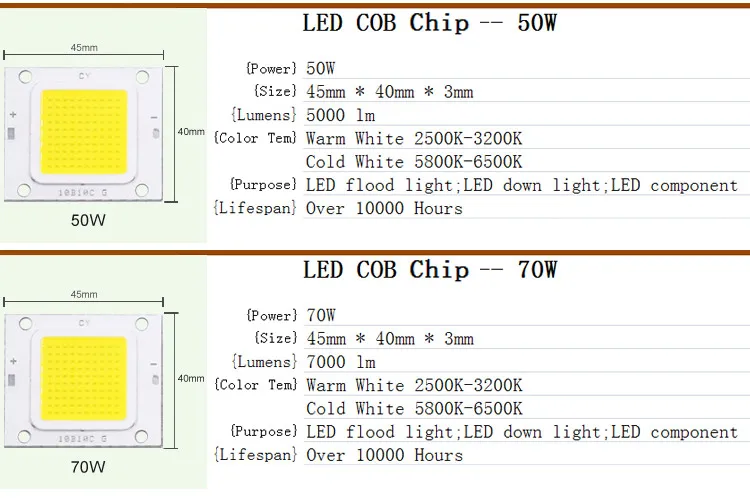 Высокая мощность Epistar COB светодиодный бисер 10 Вт 20 Вт 30 Вт 50 Вт 70 Вт AC 100-265 в до DC 22-38 в чип для прожектора прожектор теплый белый/белый