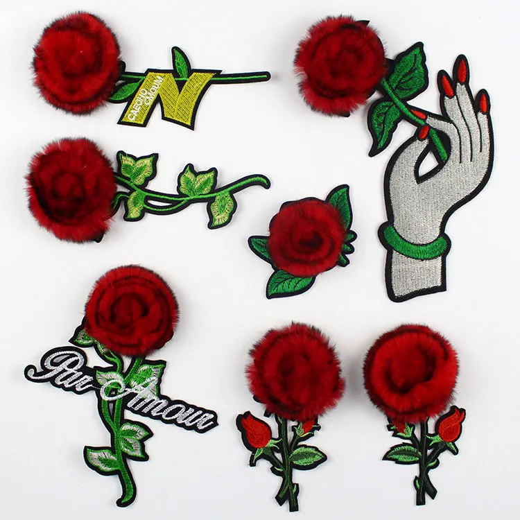 

Summer New Personalized Fur Ball Rose Embroidery Fabric Accessories Clothes T-shirt Bag Decoration Patch Iron on Patches