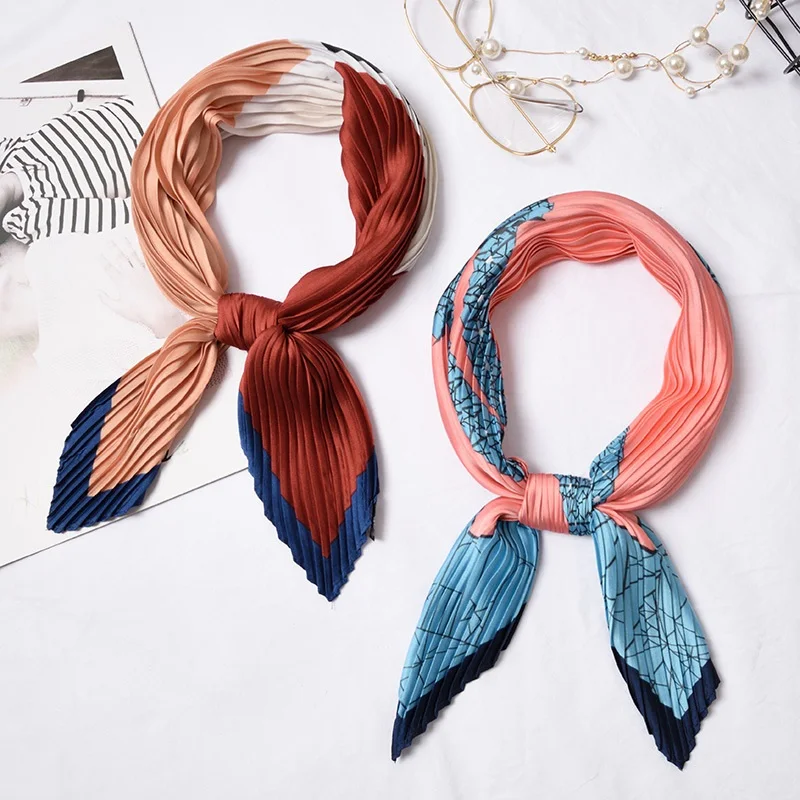 

Folded Pleated Silk Scarf Wrinkle Bandana Headband for Women Summer Pleated Silk Handkerchief Neck Hair Scarves Wraps Foulard