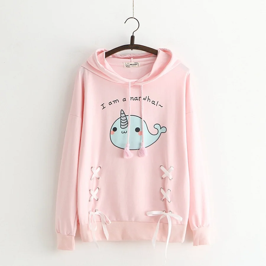 

Hooded Sweatshirt 2019 Spring Autumn Long Sleeve Hodies Cute Whale Printed Girls Sweatshirt Narwhal Bow Pullovers Female Kawaii