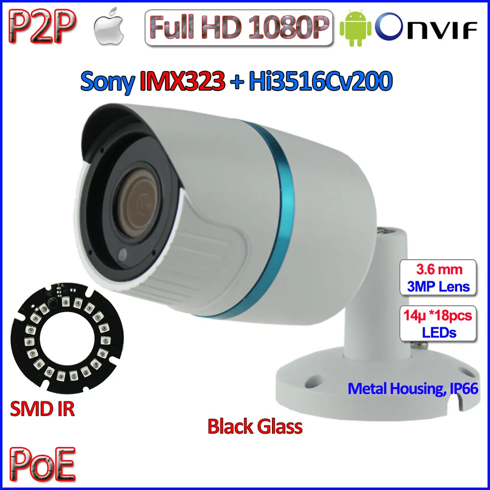 

HOT 2MP POE mini ip camera 1080P ONVIF 2.4 cctv outdoor camera IMX323 Sensor IP66 Security 24LED, 3.6mm Lens, bracket, IR-CUT