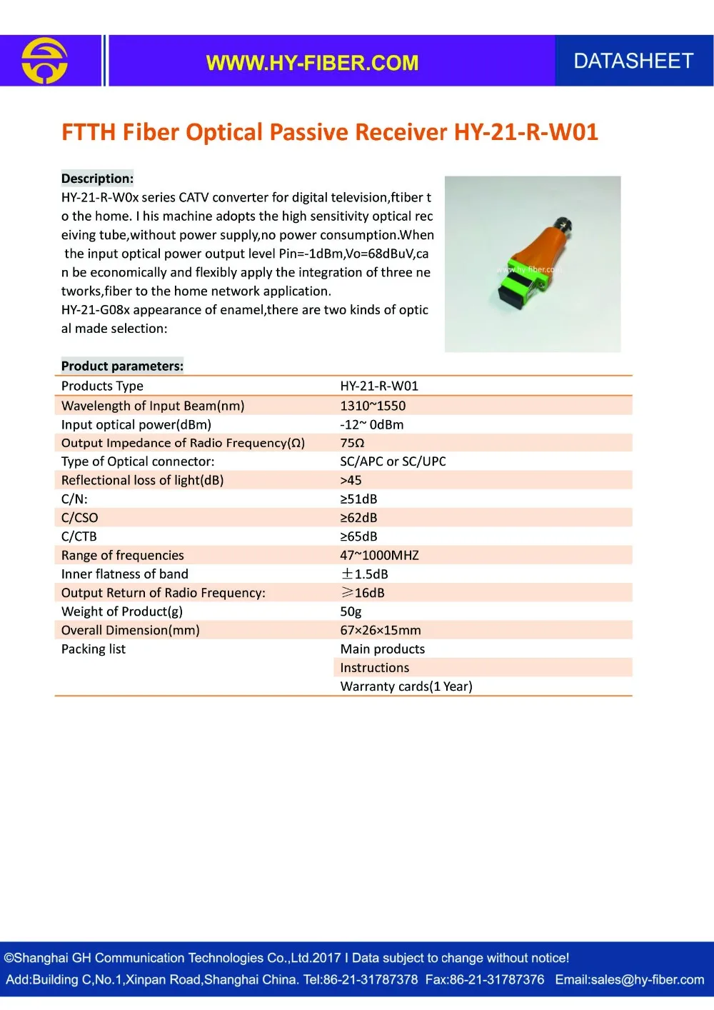 FTTH Fiber Optical Passive Receiver HY-21-R-W01
