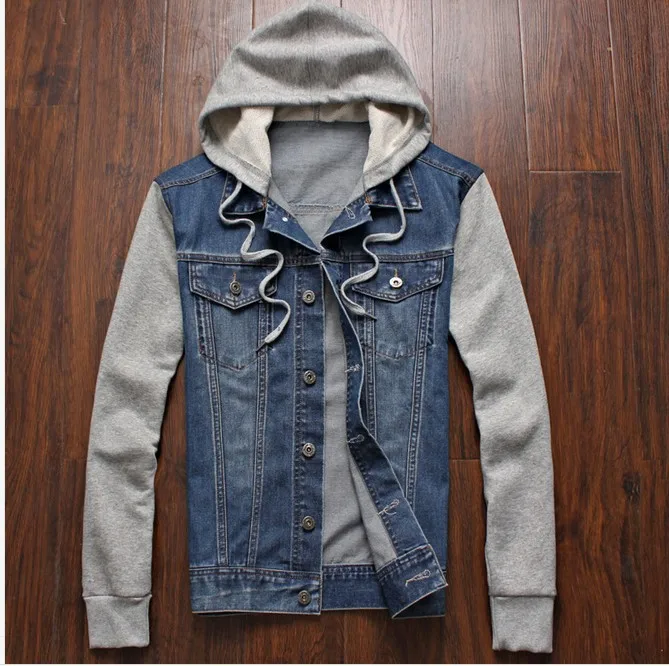 

2019 Men's Stitched Denim Jacket Detachable Rice Knit Sleeve Hooded Jacket