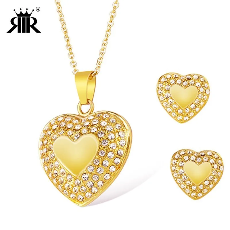

RIR Rose Gold Wedding Crystal Jewelry Set Stainless Steel Fashion Heart Necklace With Stud Earring Bride Jewelry Sets Women Gift