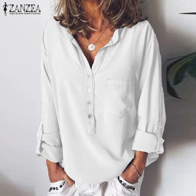 Негабаритная блузка с длинными рукавами ZANZEA 2019 Летняя женская элегантная Офисная Рабочая Рубашка с v-образным вырезом женские блузки