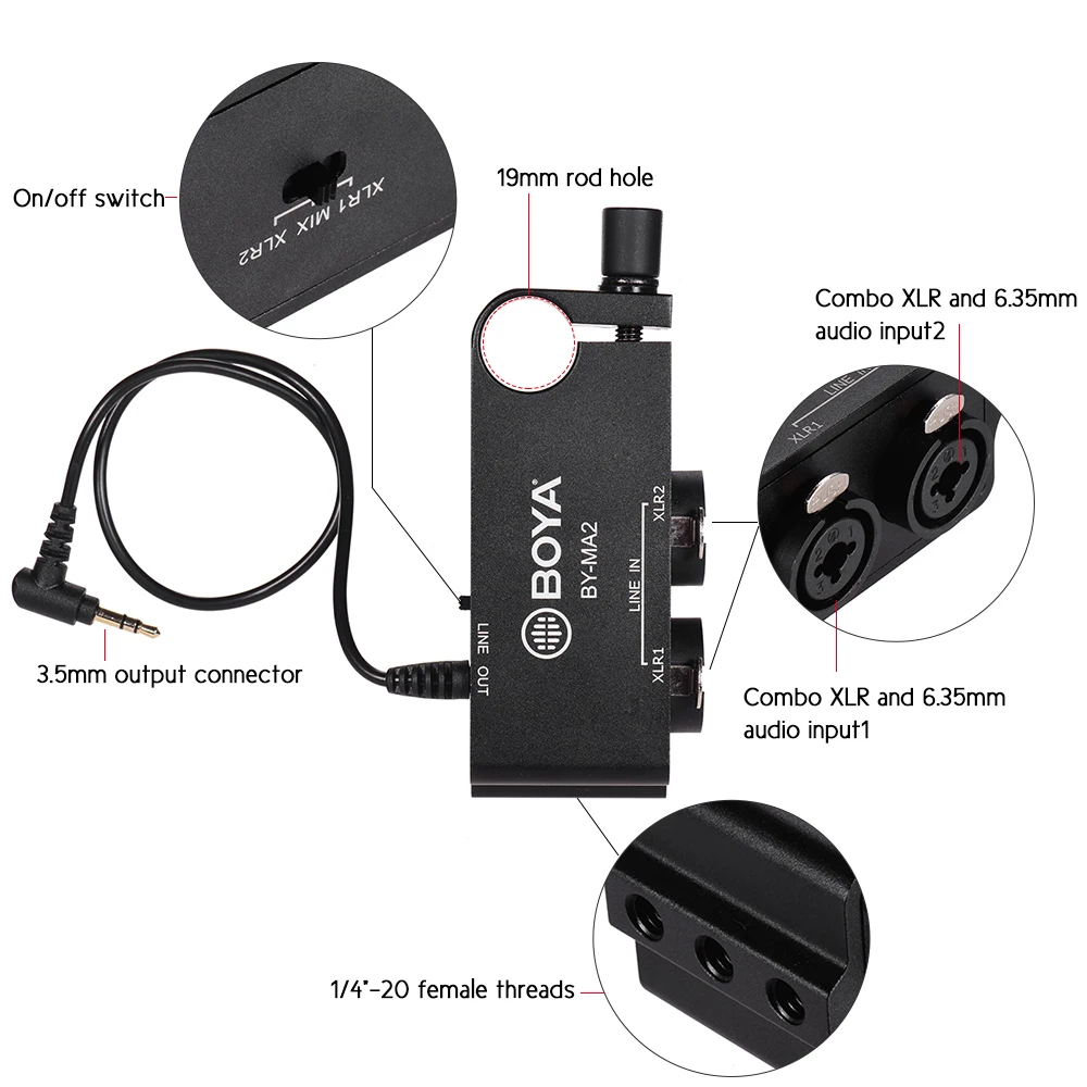 BOYA BY-MA2 двухканальный XLR Сделано в Китае XLR1/MIX/XLR2 переключается на 3,5 мм аудио адаптер смесителя для DSLR Камера видеокамера DV