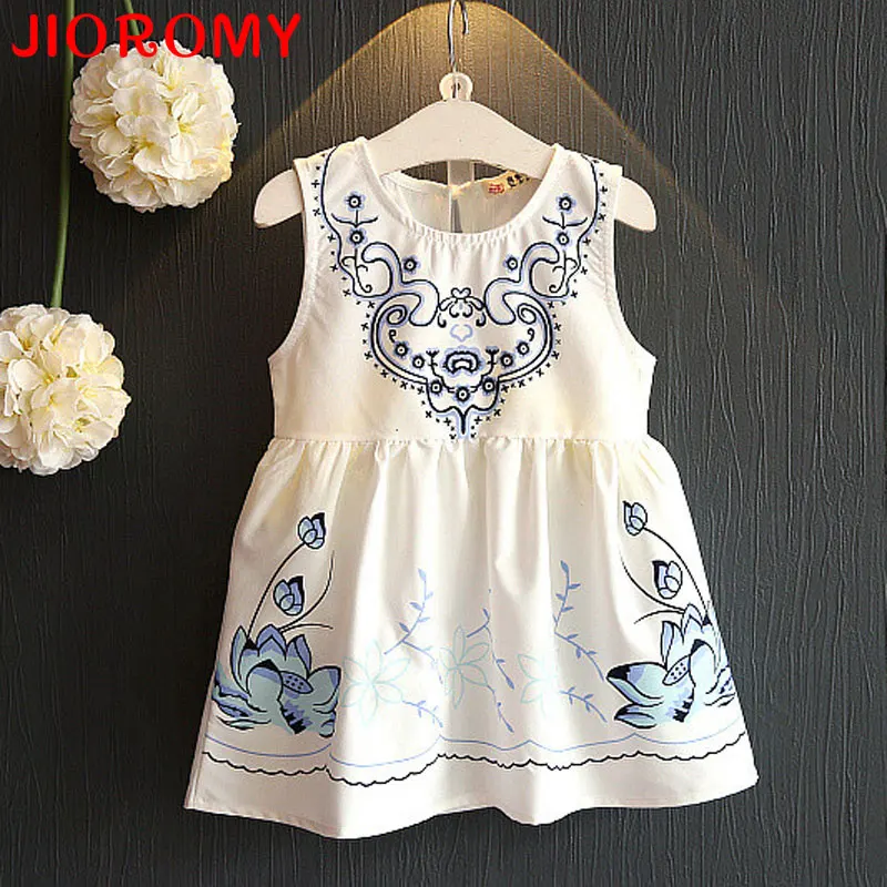 

Summer Girl's Dress National Customs Blue and White Porcelain Lotus Vest Dress Kids Sleeveless Fashion Chiffon