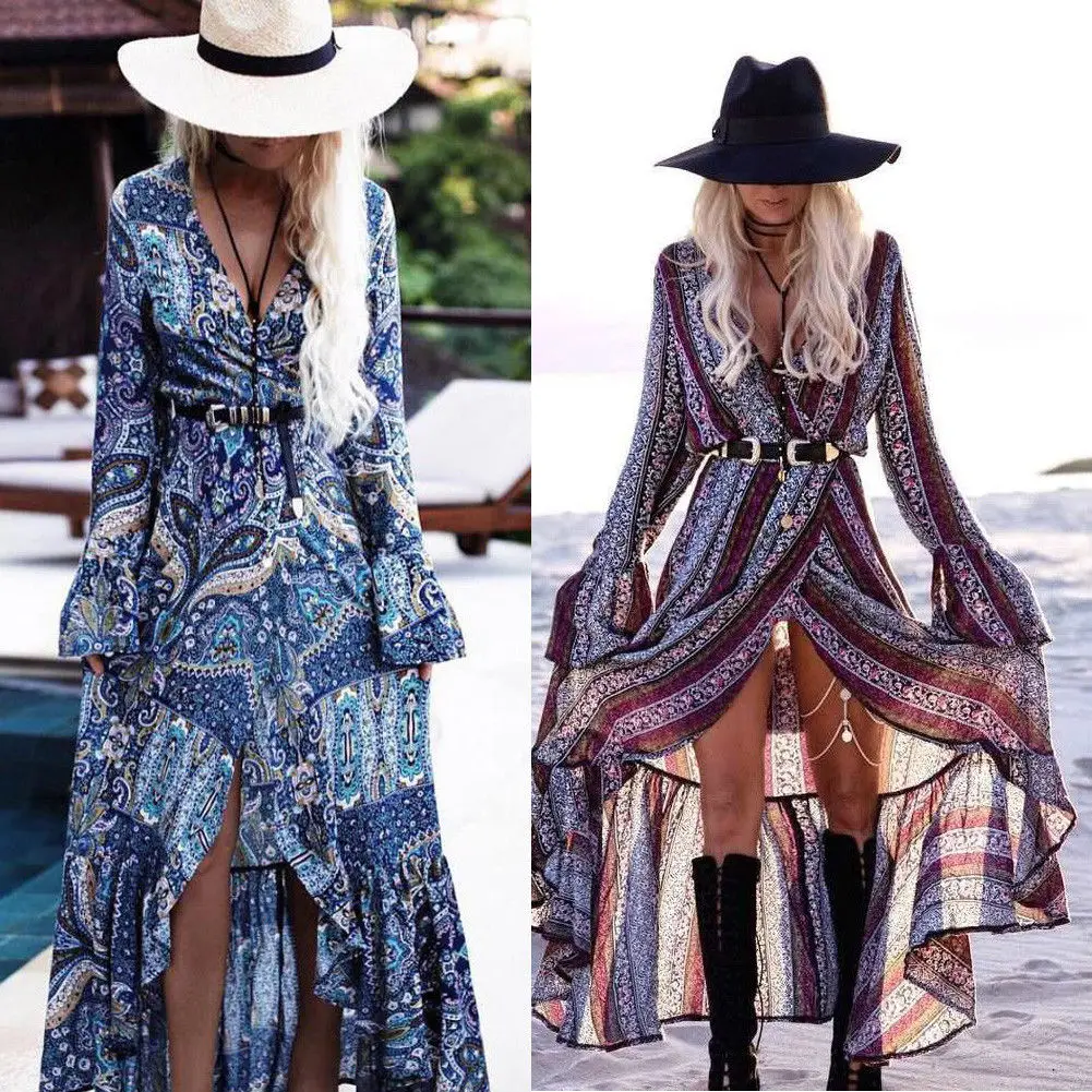 Женское платье с цветочным принтом Boho длинное вечернее макси длинным рукавом