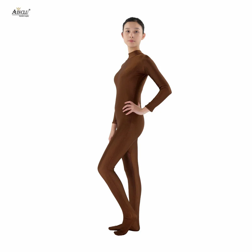 Ainclu Бесплатная доставка для женщин лайкра спандекс коричневый кожи плотно без головы и голые руки взрослых танцевальная одежда Костюм