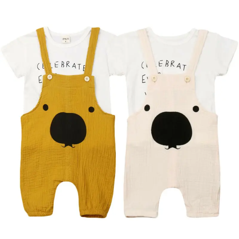 

Adorable Toddler Cartoon Bear Overalls Outfits Kids Baby Boy Girl White T-shirt +Bib Pants 2 Piece Suspender Clothes Set