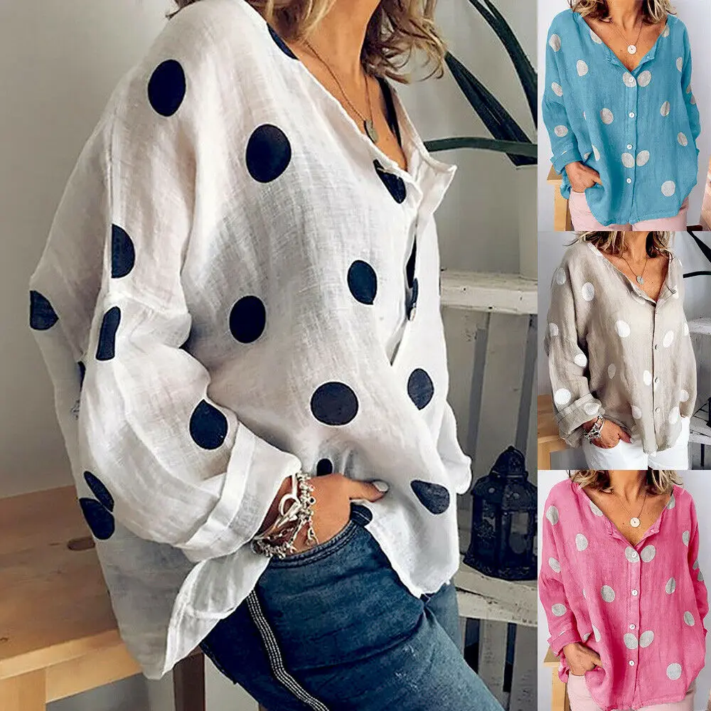 

Women Summer Cotton linen V Neck Top Blouse Loose Long Sleeve Polka Dot Shirt Baggy Button Design Fashion Tops Shirts Plus Size