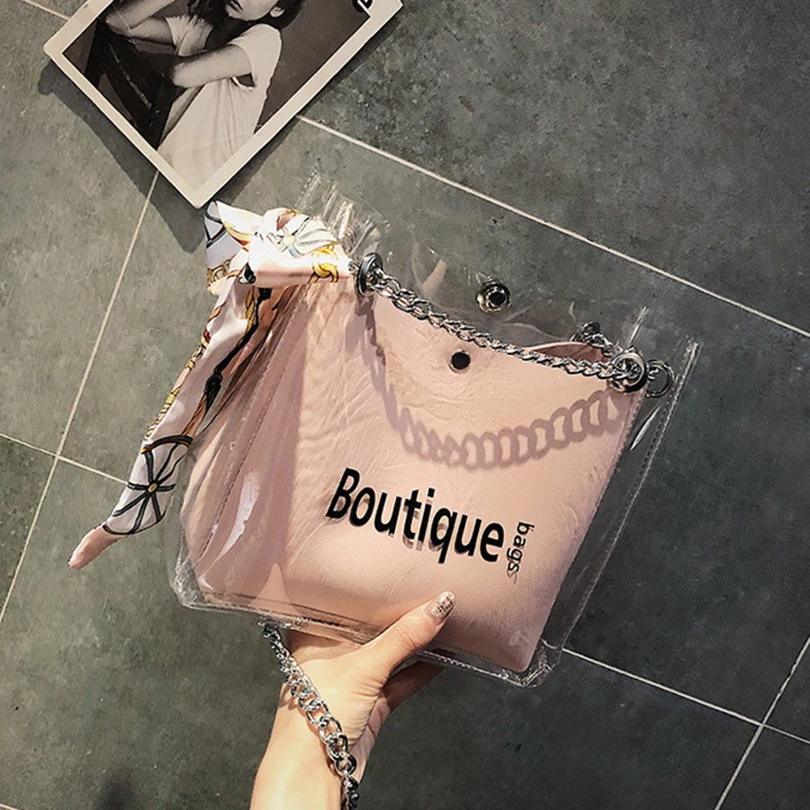 

Fashion Letter Printing Composite Women's Messenger Bags Chic Chain Clear Pvc Jelly Bags Transparent Waterproof Summer Beach Bag