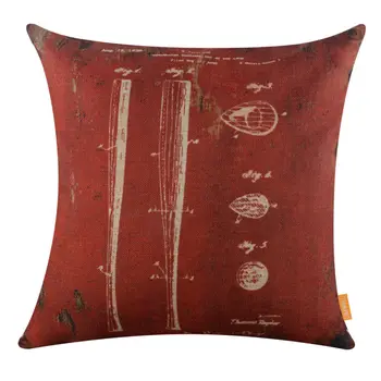 

LINKWELL 18x18" Retro Dark Red Baseball Bat Patent Drawings Burlap Cushion Cover Throw Pillowcase Accent Antique Love Sports
