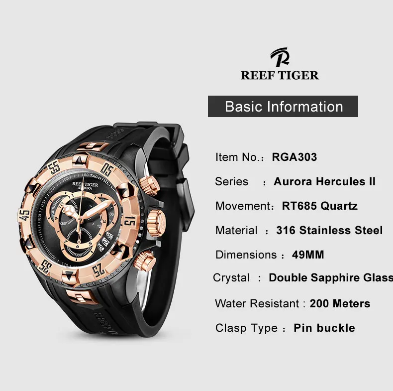 Reef Tiger/RT большие спортивные часы мужские черные часы с хронографом резиновые модные водонепроницаемые часы Relogio Masculino RGA303-2