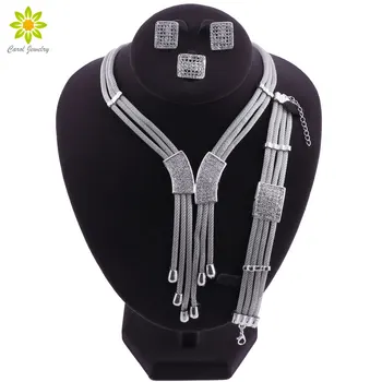 

Women Jewelry Sets Silver Color Necklace Earrings Bracelet Ring Jewelry Sets Wedding Party Bridal Accessories Costume Jewelry
