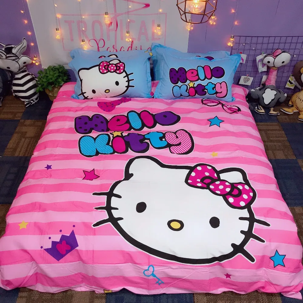 Рисунок «Hello Kitty» печатных Постельное белье для девочек/Дети Карамельный цвет хлопок пододеяльник плоский лист наволочка Twin queen king спальное место для кошки