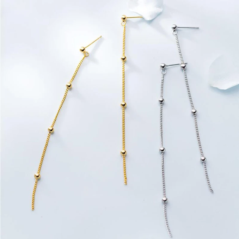 

MloveAcc 100% Real 925 Sterling Silver Cute Beaded Chain Long Drop Earrings for Women Fashion Dangle Earring Jewelry